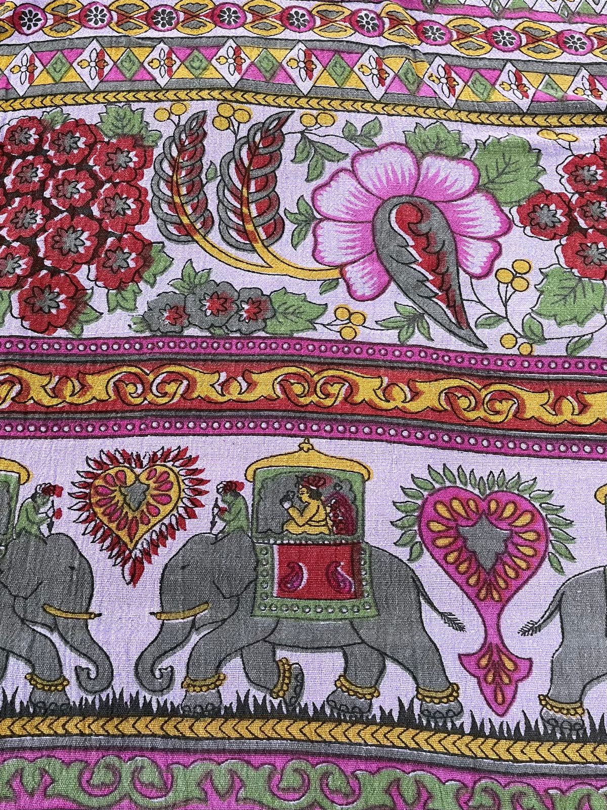 1970s Vintage Indian Cotton Hand Block Printed Uncut Fabric Yardage - Bright Purple Elephants - 64" x 96" (#12)