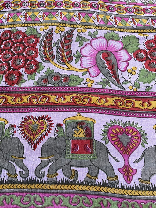 1970s Vintage Indian Cotton Hand Block Printed Uncut Fabric Yardage - Bright Purple Elephants - 64" x 96" (#12)