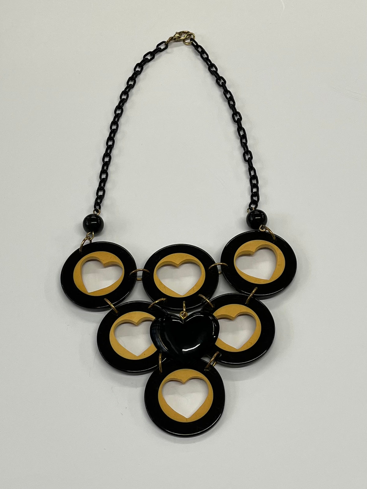 Bakelite & Celluloid Heart Cutout Statement Bib Necklace by Artisan Signed G. Balman