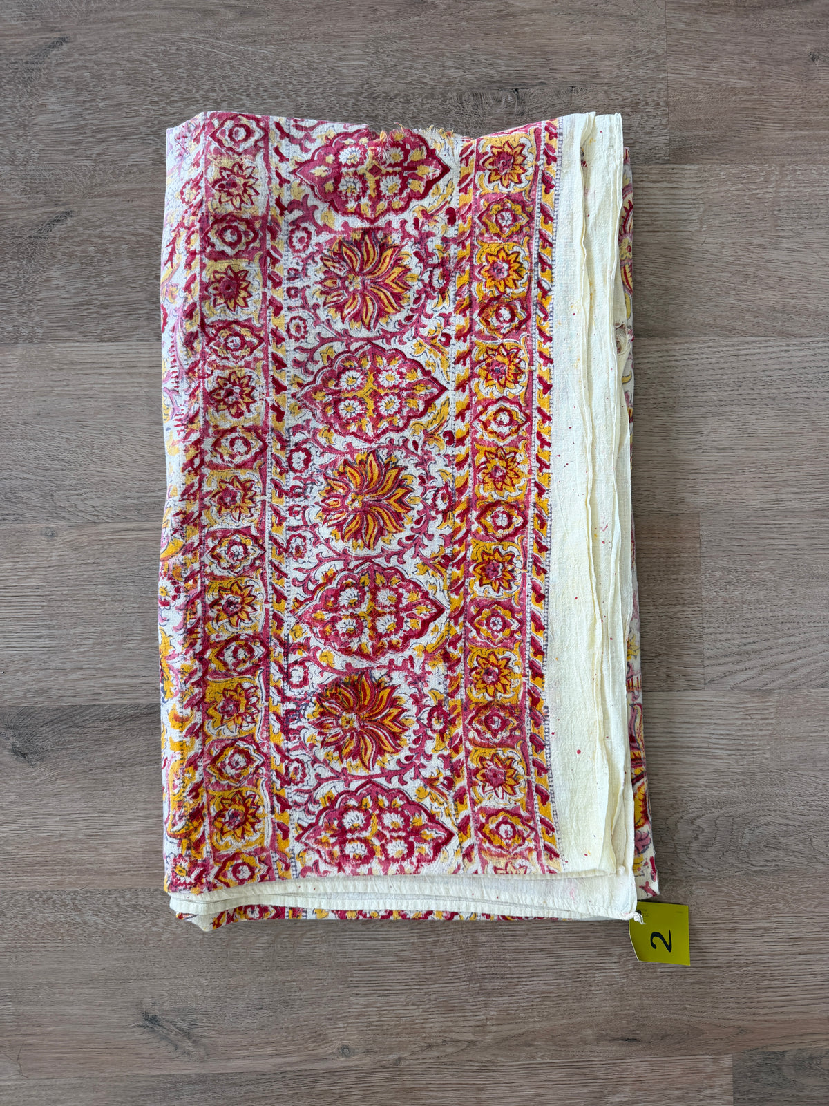 1970s Vintage Indian Cotton Hand Block Printed Uncut Fabric Yardage - Red / Pink / Yellow Lotus Flower - 64" x 100" (#2)