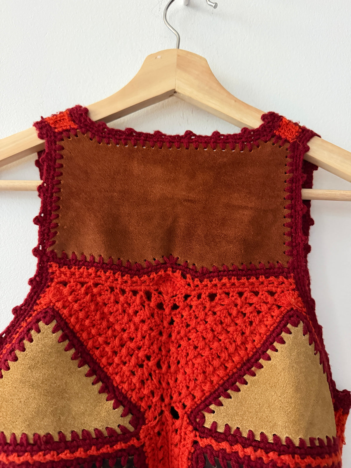 1970s Vintage Red and Orange Knitted Suede  Patchwork Vest