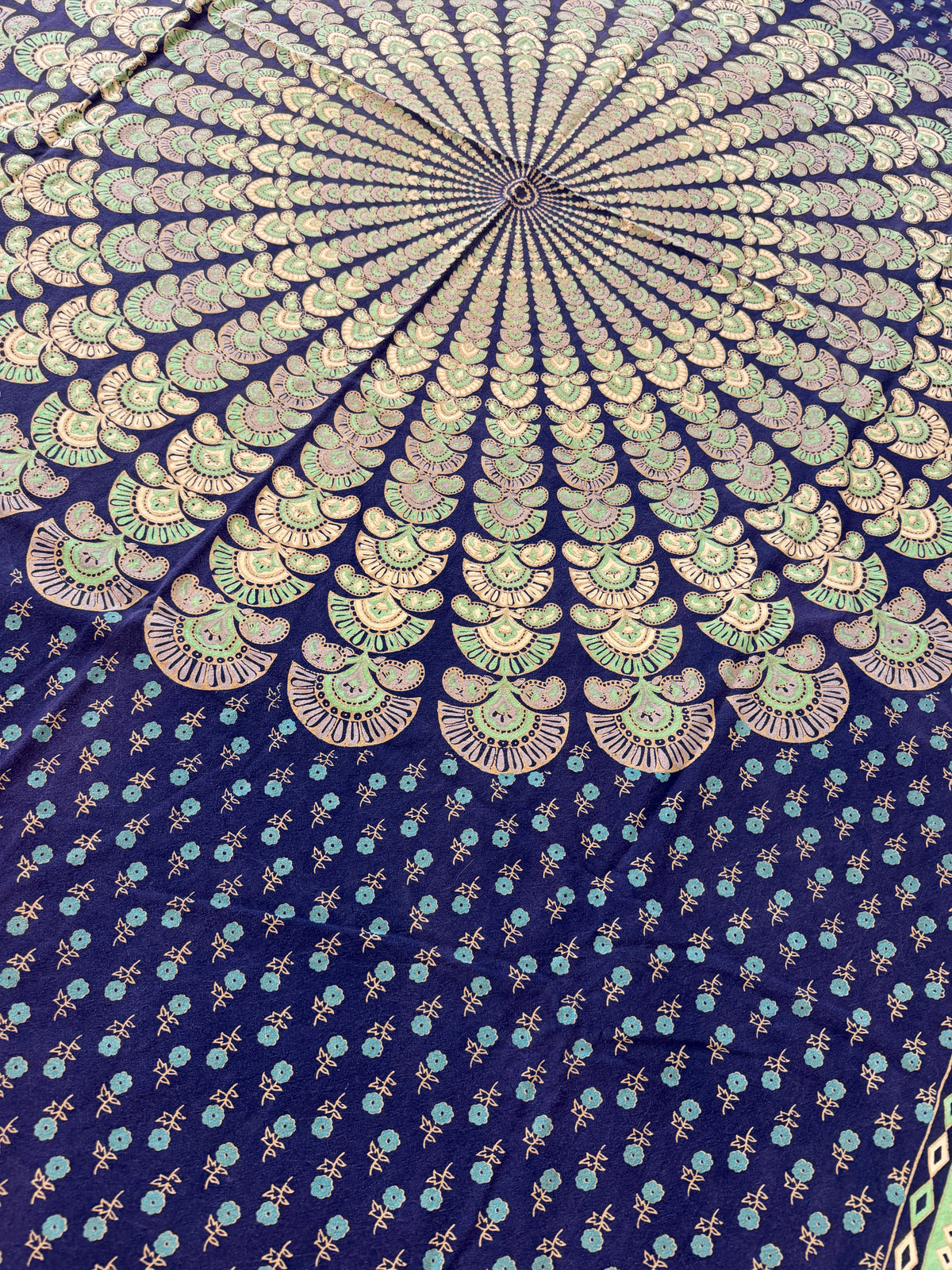 1980s Vintage Indian Cotton Hand Block Printed Uncut Fabric Yardage - Micro Floral / Mandala / Blue - 102" x 68" (#14)