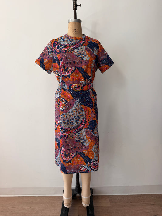 1970's Vintage Paisley Belted Shift Dress Made in USA by City Scene Plus VOLUP
