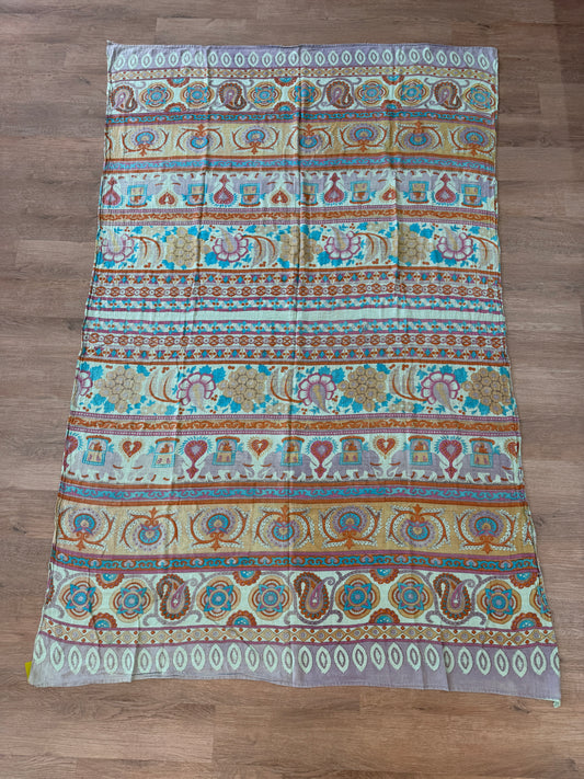 1970s Vintage Hand Block Printed Indian Cotton Fabric - Purple / Blue / Turquoise / Orange  - 62" x 92" (#7)