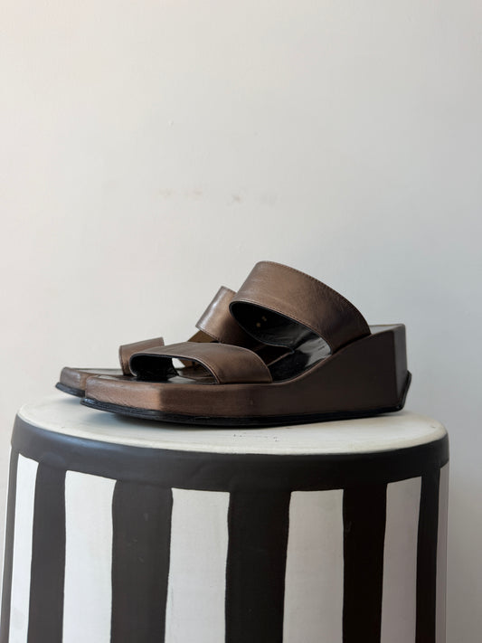 1990s Designer Robert Clergerie Metallic Leather Wedges Size 8
