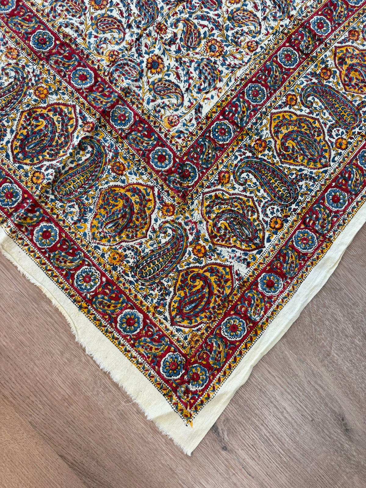 1970s Vintage Indian Cotton Hand Block Printed Uncut Fabric Yardage - Red / Yellow / Blue / Paisley - 98" x 64" (#5)