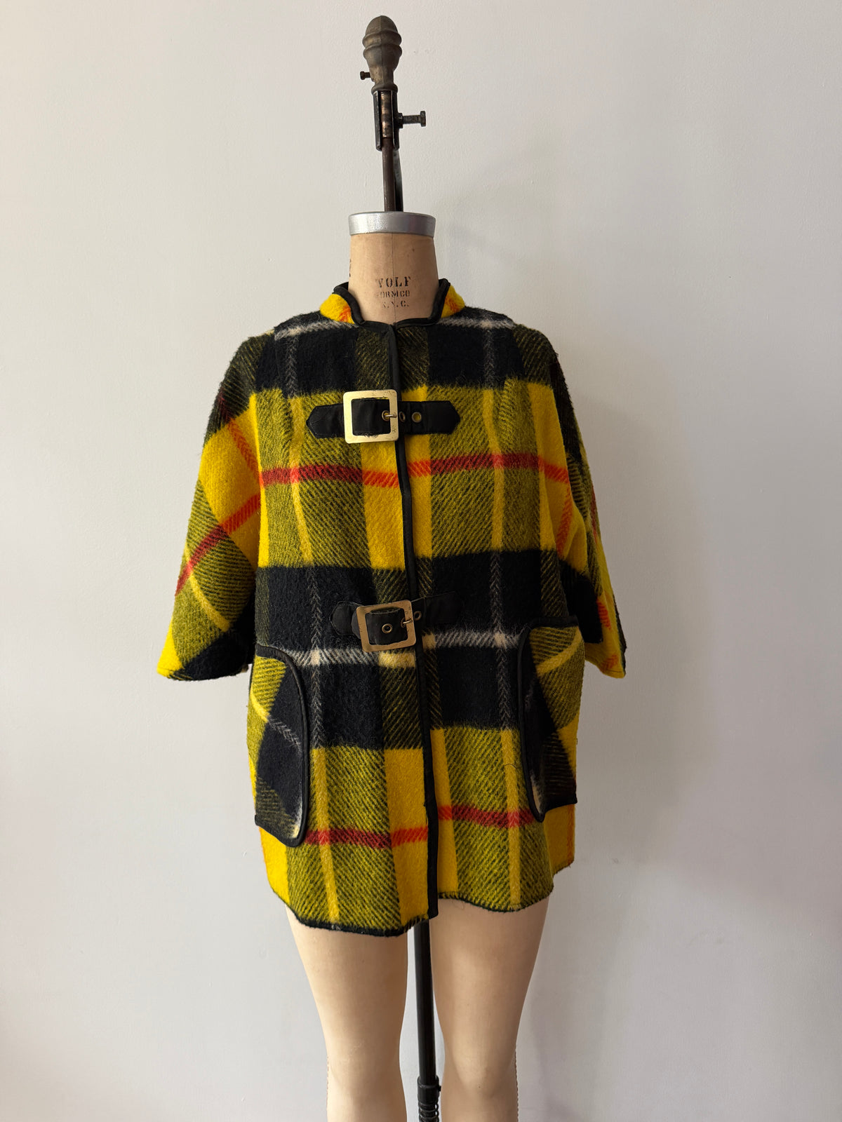 1960s Yellow Plaid Buckle Poncho Capelette by King of the Ponchos
