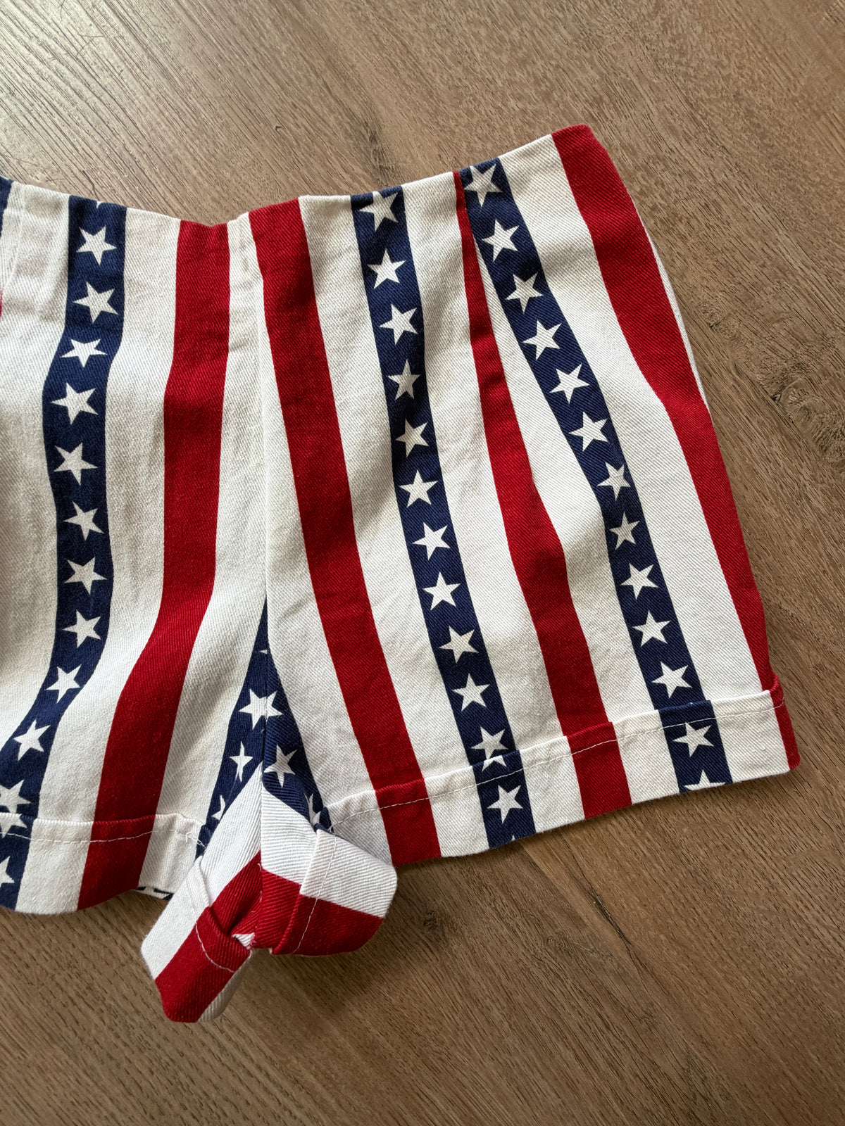 1970s Vintage Hand Sewn American Flag Stars & Stripes High Rise Cotton Shorts