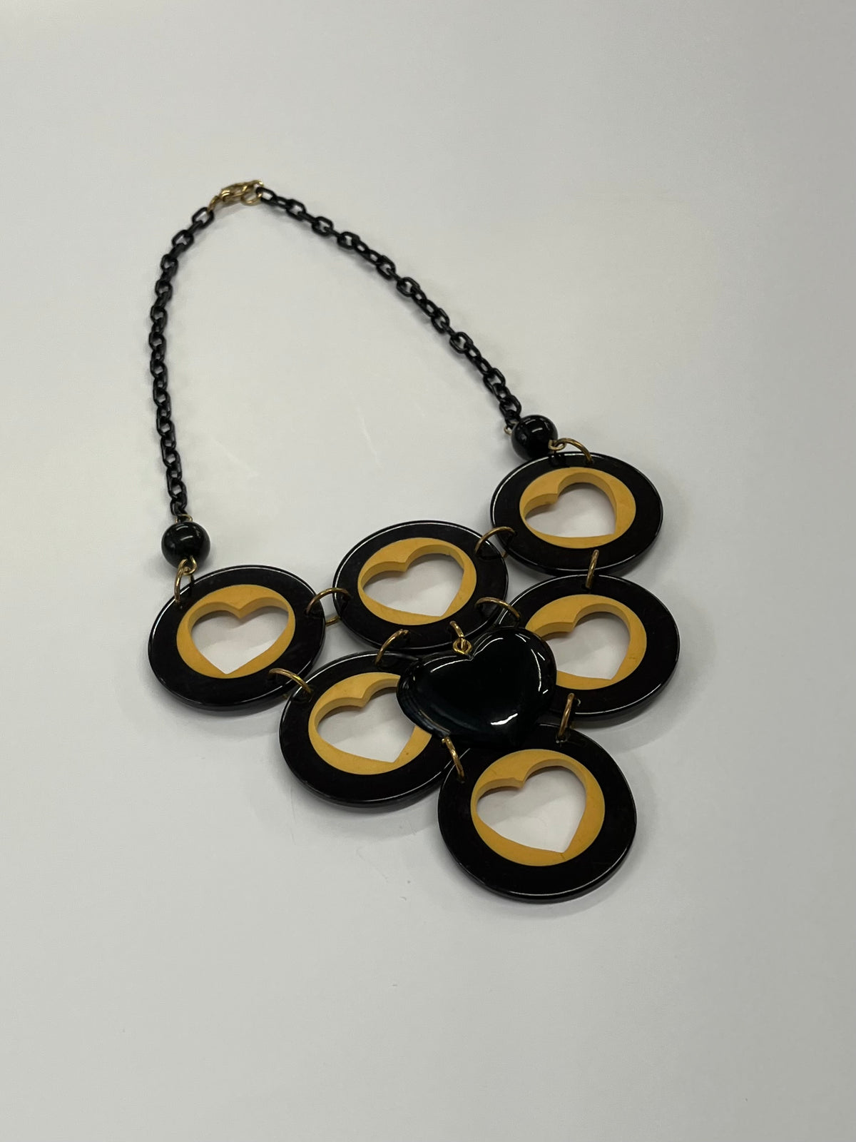 Bakelite & Celluloid Heart Cutout Statement Bib Necklace by Artisan Signed G. Balman