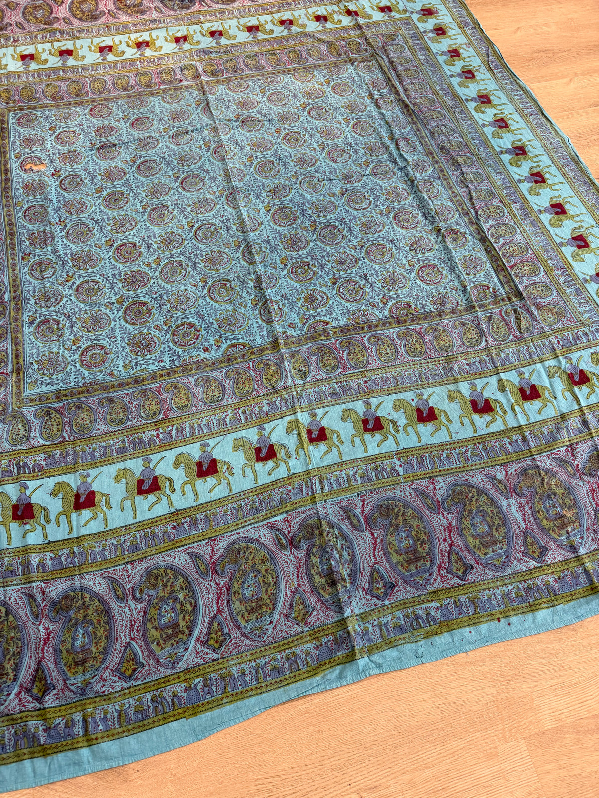 1970s Vintage Indian Cotton Hand Block Printed Uncut Fabric Yardage - Teal / Burgundy / Paisley / People / Horses Motifs -96" x 80" (#13)