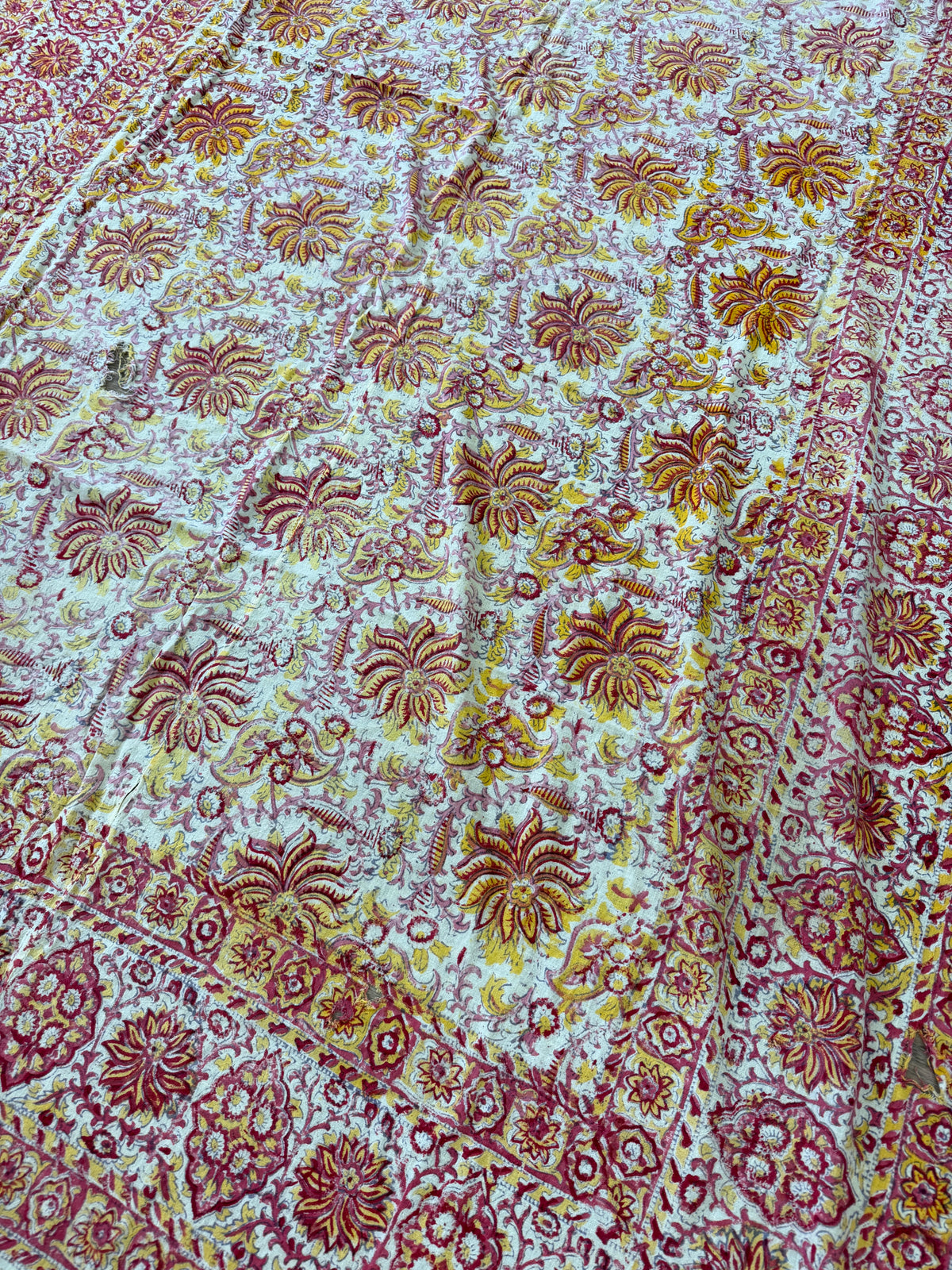 1970s Vintage Indian Cotton Hand Block Printed Uncut Fabric Yardage - Red / Pink / Yellow Lotus Flower - 64" x 100" (#2)