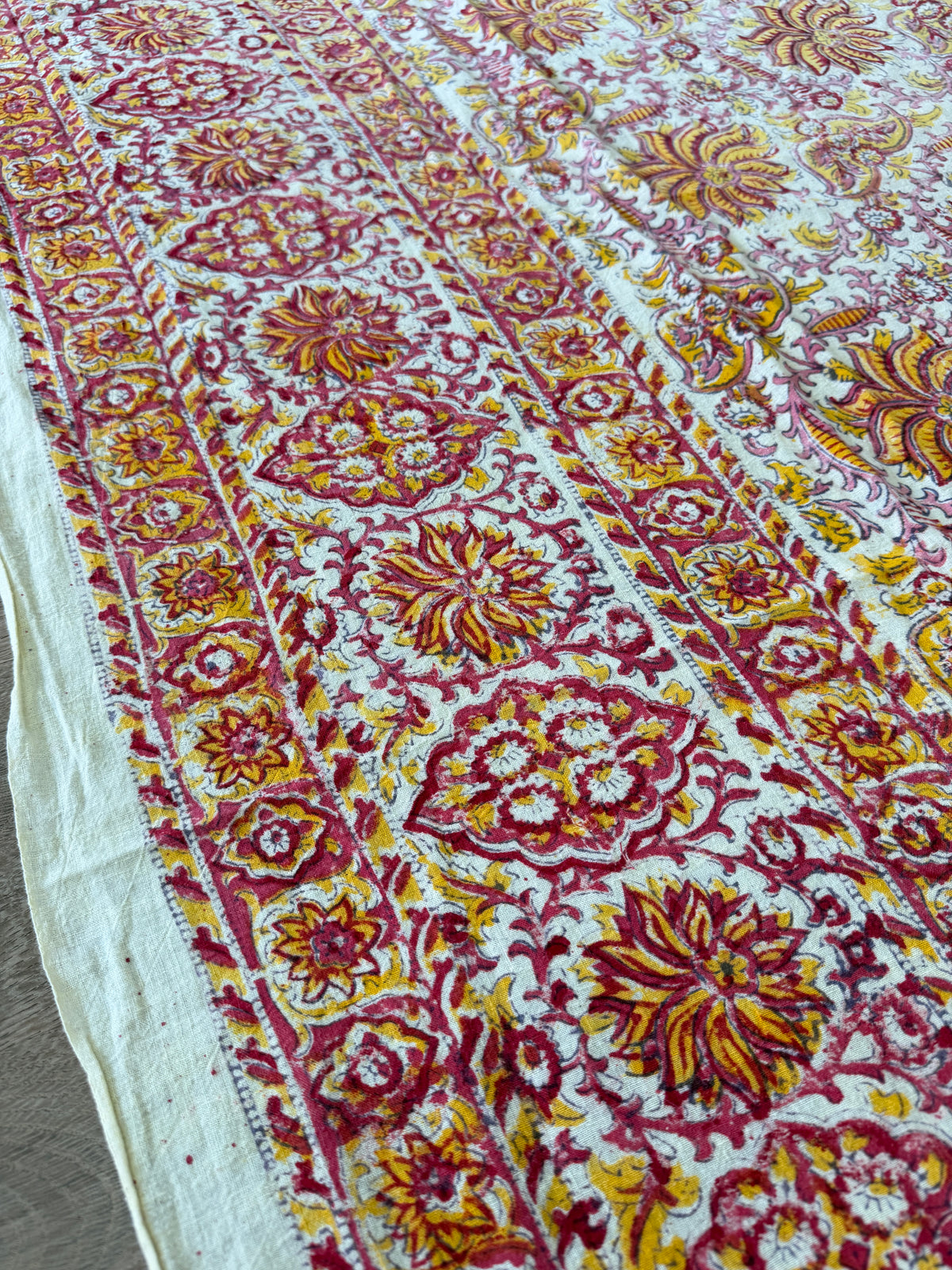 1970s Vintage Indian Cotton Hand Block Printed Uncut Fabric Yardage - Red / Pink / Yellow Lotus Flower - 64" x 100" (#2)