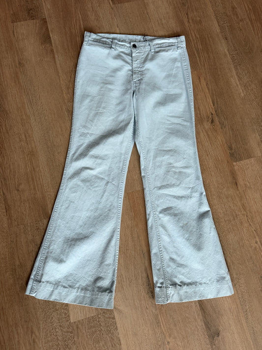 1960s - 1970's Levi's "BIG E" High Waisted Cotton Light Blue Wash Denim Bellbottom Pants - 34" x 31"