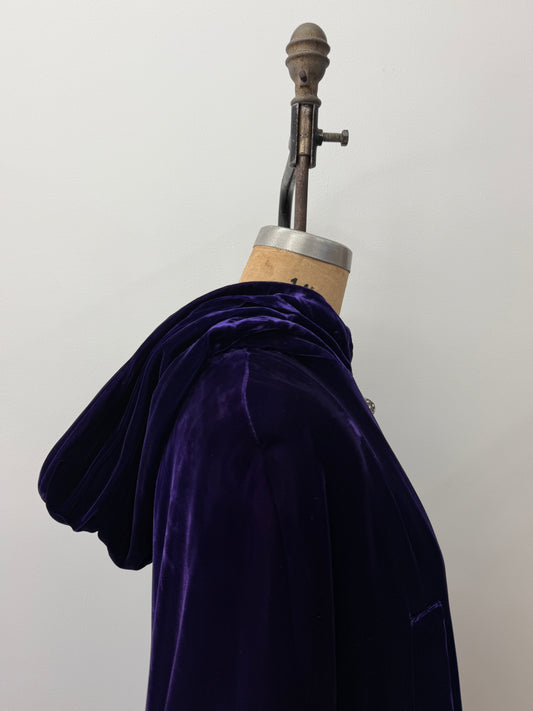 1950s - 1960s Vintage Deep Purple Velvet with Rhinestone Buttons Full Length Cape Cloak with Hood