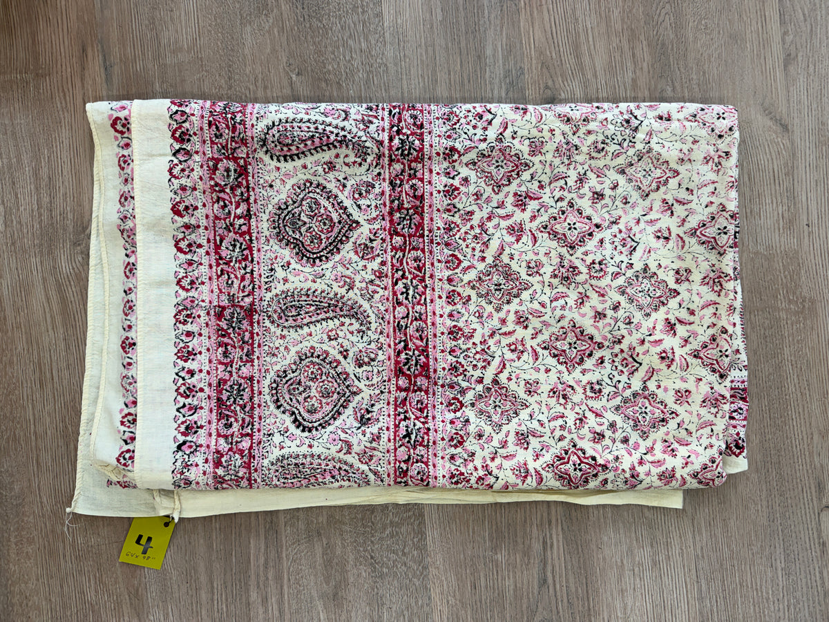 1970s Vintage Indian Cotton Hand Block Printed Uncut Fabric Yardage - Pink / Red -   64" x 98" (#4)