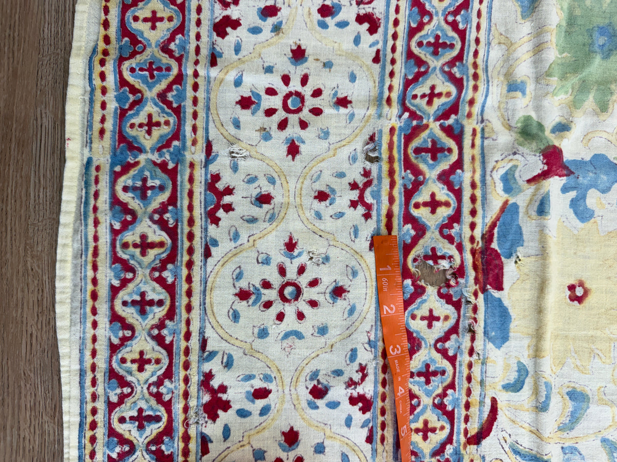 1970s Vintage Indian Cotton Hand Block Printed Uncut Fabric Yardage - Red / Cream / Blue / Green Large Blooms - 66" x 98" (#6)