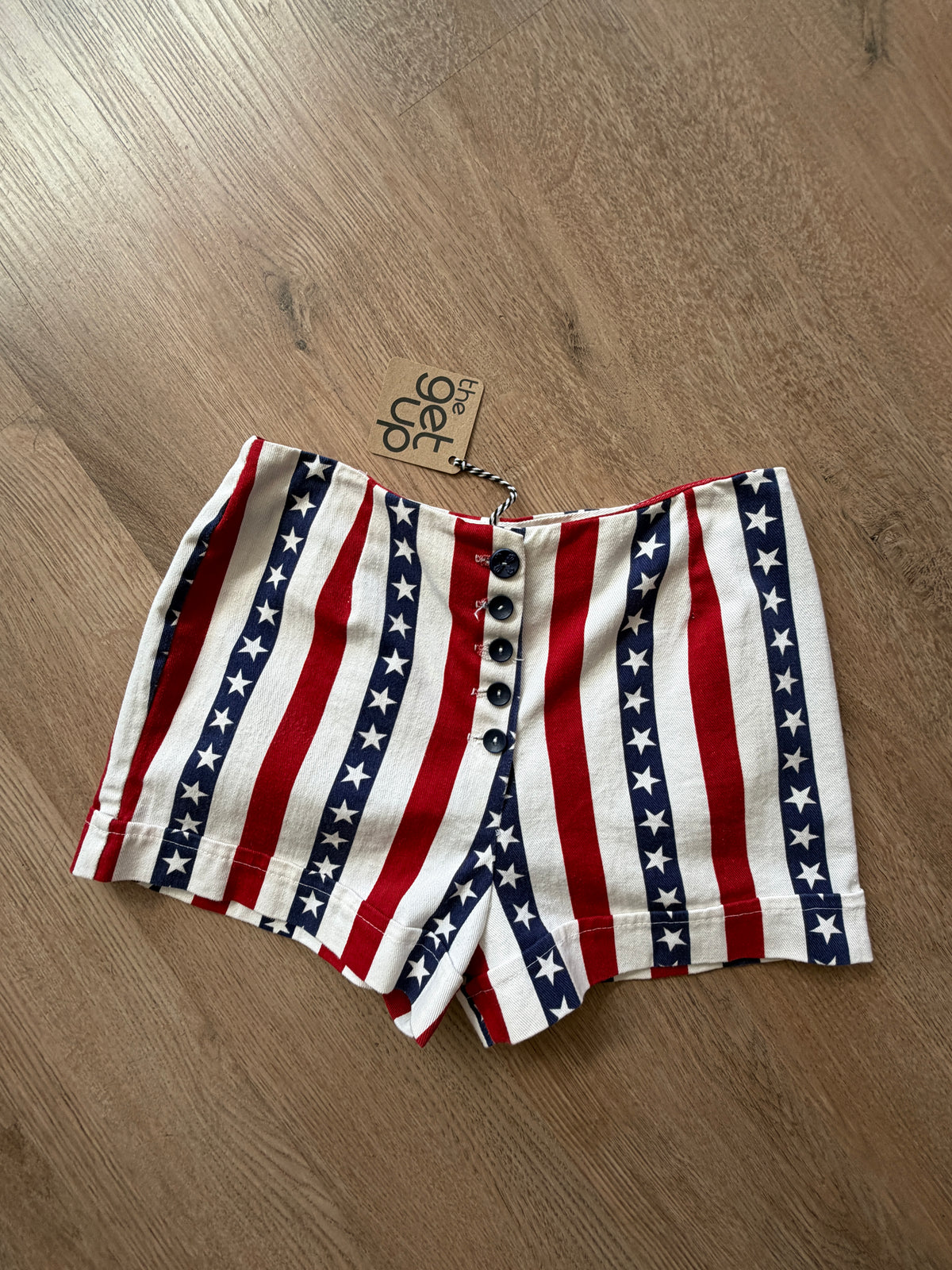 1970s Vintage Hand Sewn American Flag Stars & Stripes High Rise Cotton Shorts