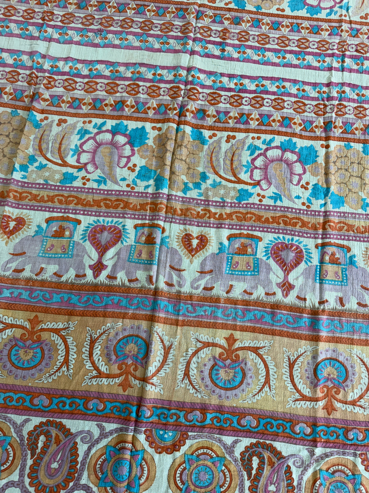 1970s Vintage Hand Block Printed Indian Cotton Fabric - Purple / Blue / Turquoise / Orange  - 62" x 92" (#7)