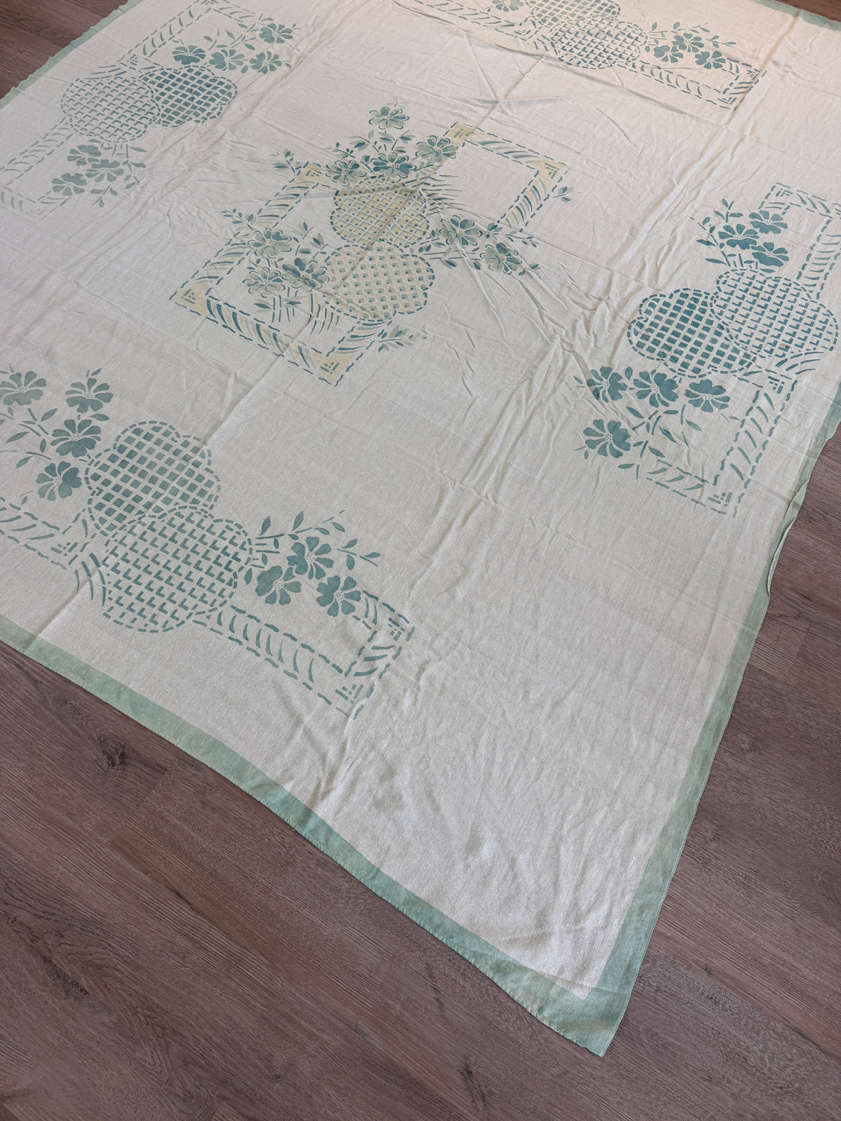 1940s - 1950s Vintage Indian Cotton Hand Block Printed Uncut Fabric Yardage - Cream / Robin's Egg Blue / Abstract Basket Florals - 80” x 96" (#9)