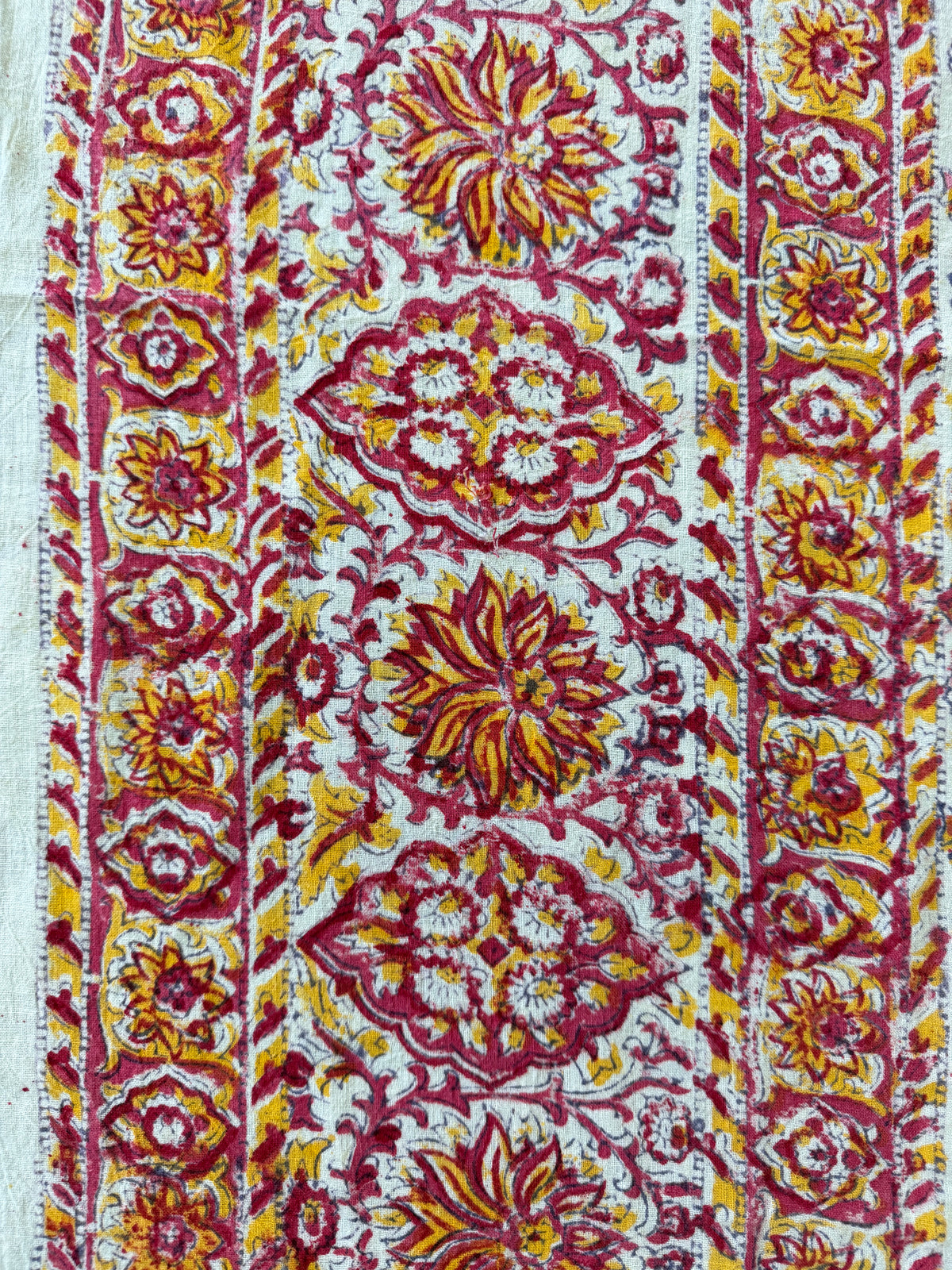 1970s Vintage Indian Cotton Hand Block Printed Uncut Fabric Yardage - Red / Pink / Yellow Lotus Flower - 64" x 100" (#2)