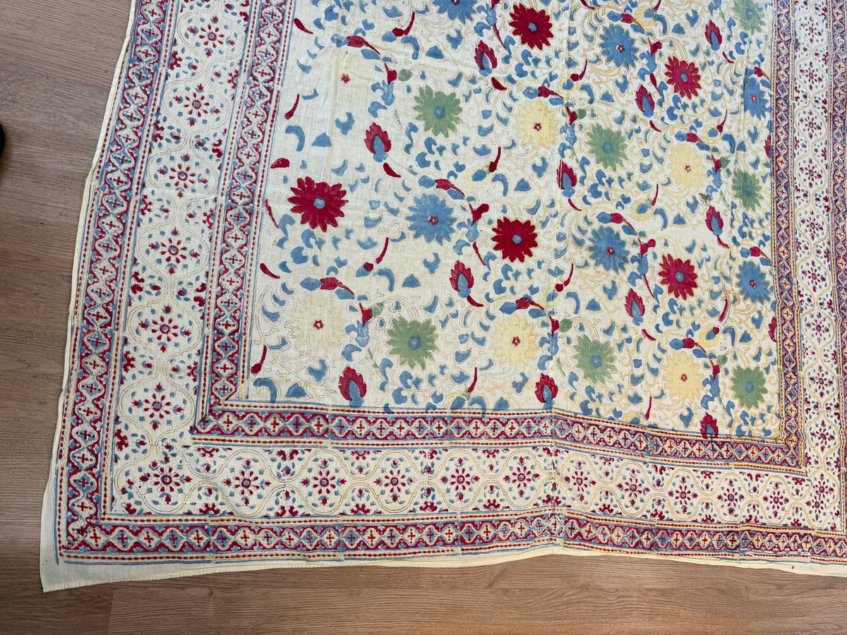 1970s Vintage Indian Cotton Hand Block Printed Uncut Fabric Yardage - Red / Cream / Blue / Green Large Blooms - 66" x 98" (#6)