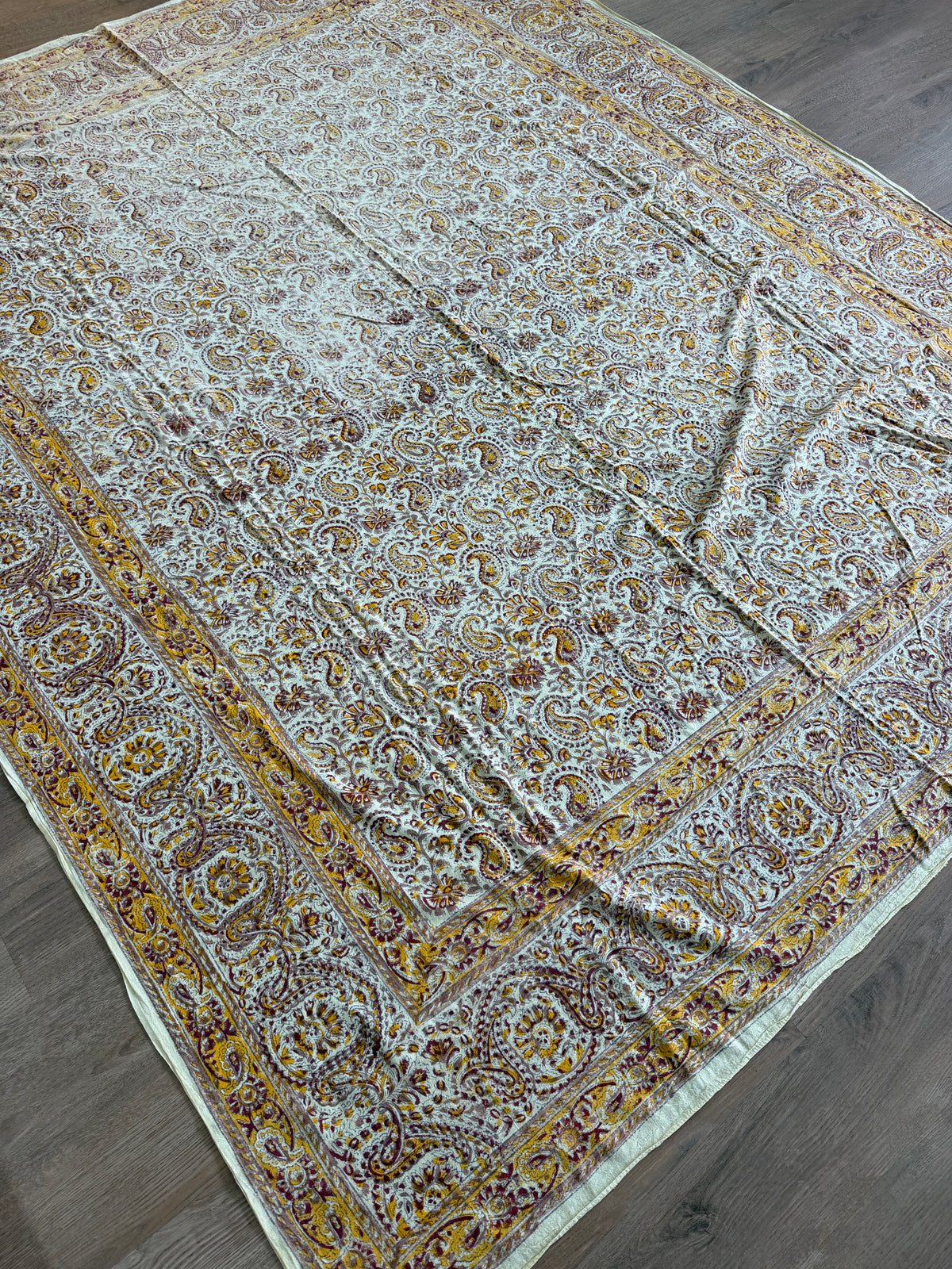 1970s Vintage Indian Cotton Hand Block Printed Uncut Fabric Yardage - Burgundy / Yellow / Paisley- 82" x 100" (#3)