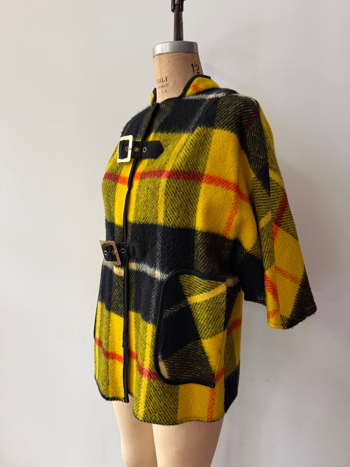 1960s Yellow Plaid Buckle Poncho Capelette by King of the Ponchos
