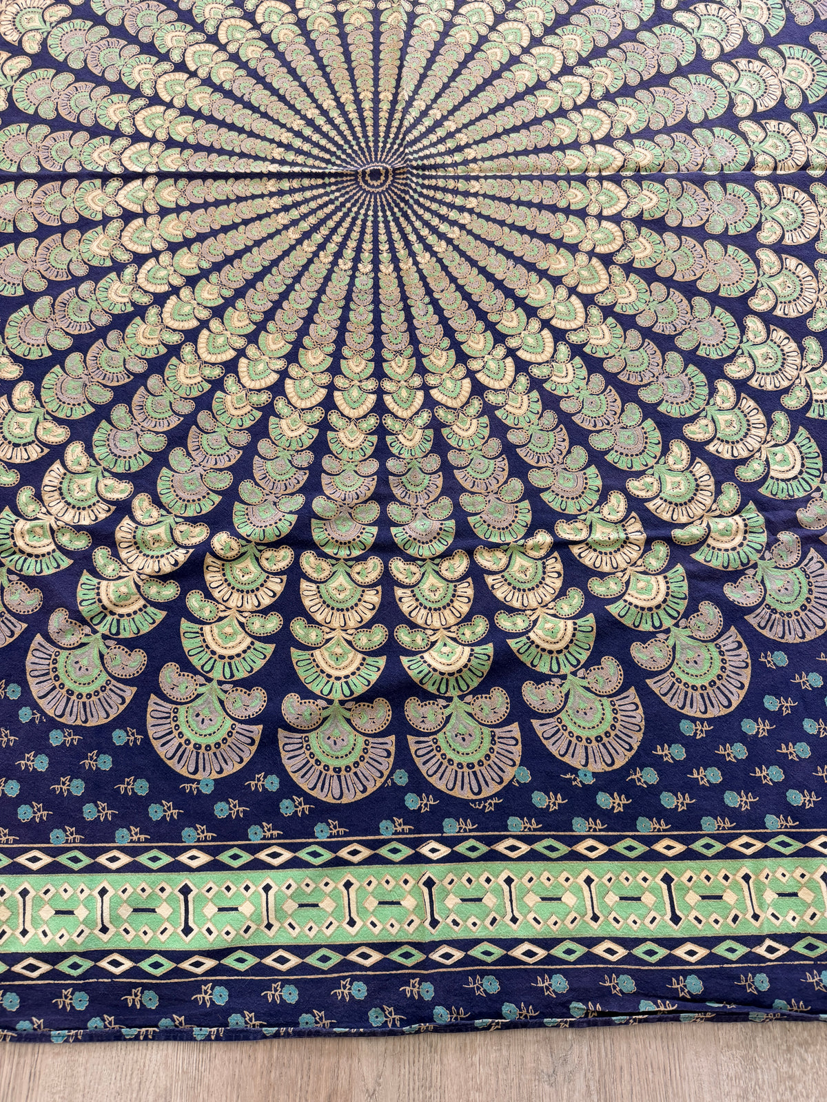1980s Vintage Indian Cotton Hand Block Printed Uncut Fabric Yardage - Micro Floral / Mandala / Blue - 102" x 68" (#14)