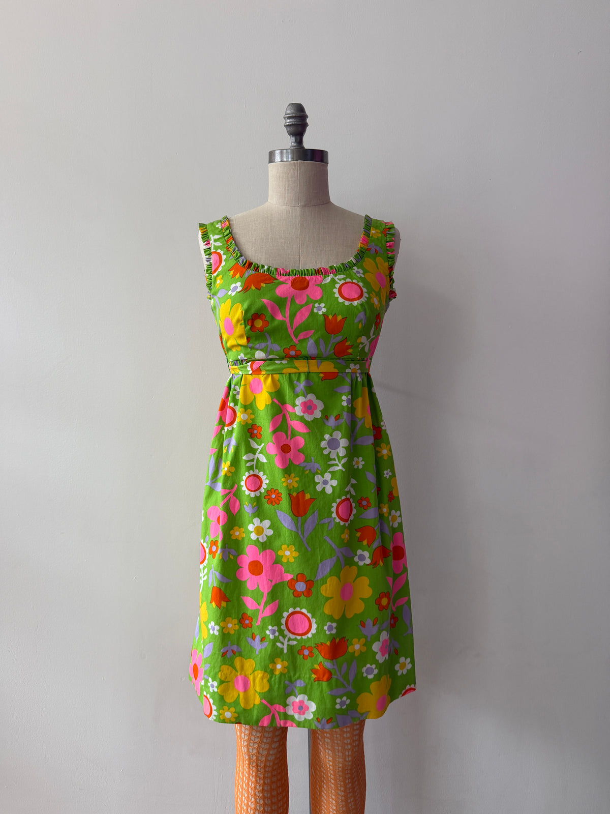 1960s Vintage Neon Flower Power Cotton Mini Dress by Lanz