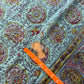 1970s Vintage Indian Cotton Hand Block Printed Uncut Fabric Yardage - Teal / Burgundy / Paisley / People / Horses Motifs -96" x 80" (#13)