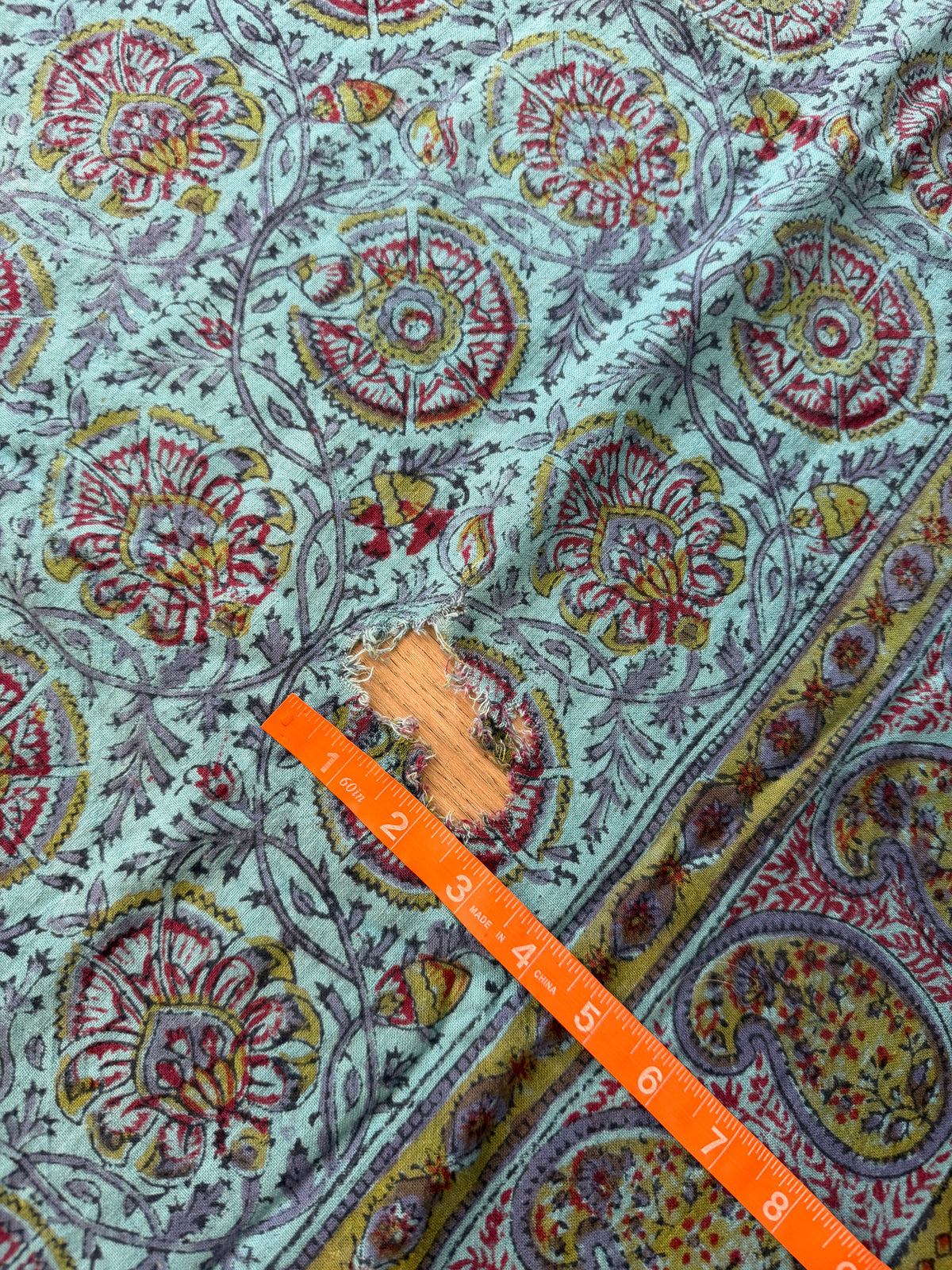1970s Vintage Indian Cotton Hand Block Printed Uncut Fabric Yardage - Teal / Burgundy / Paisley / People / Horses Motifs -96" x 80" (#13)