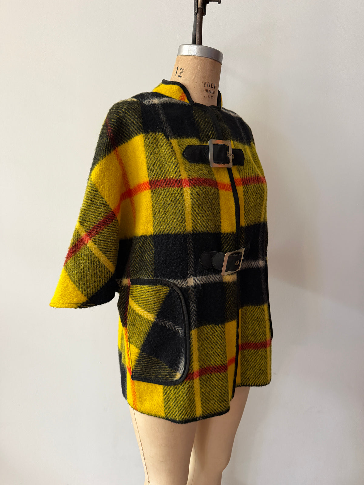 1960s Yellow Plaid Buckle Poncho Capelette by King of the Ponchos