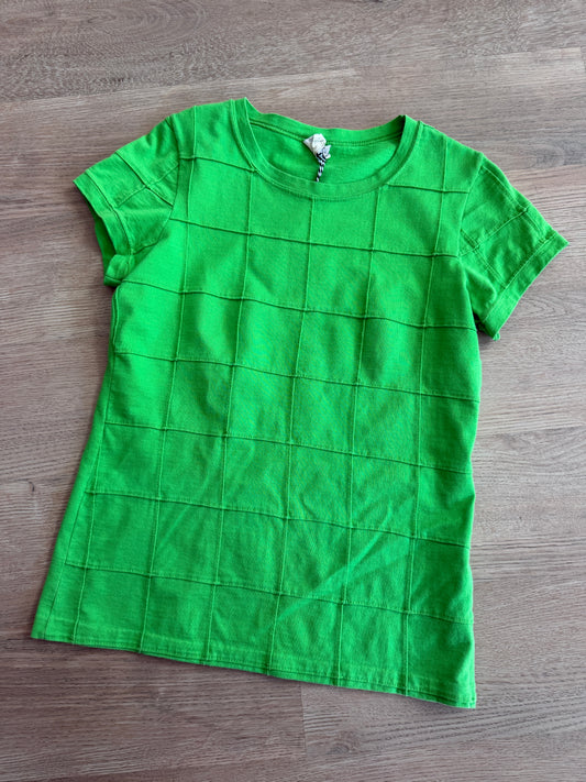 1990s Vintage Bright Green Square Patchwork Top Tee Shirt