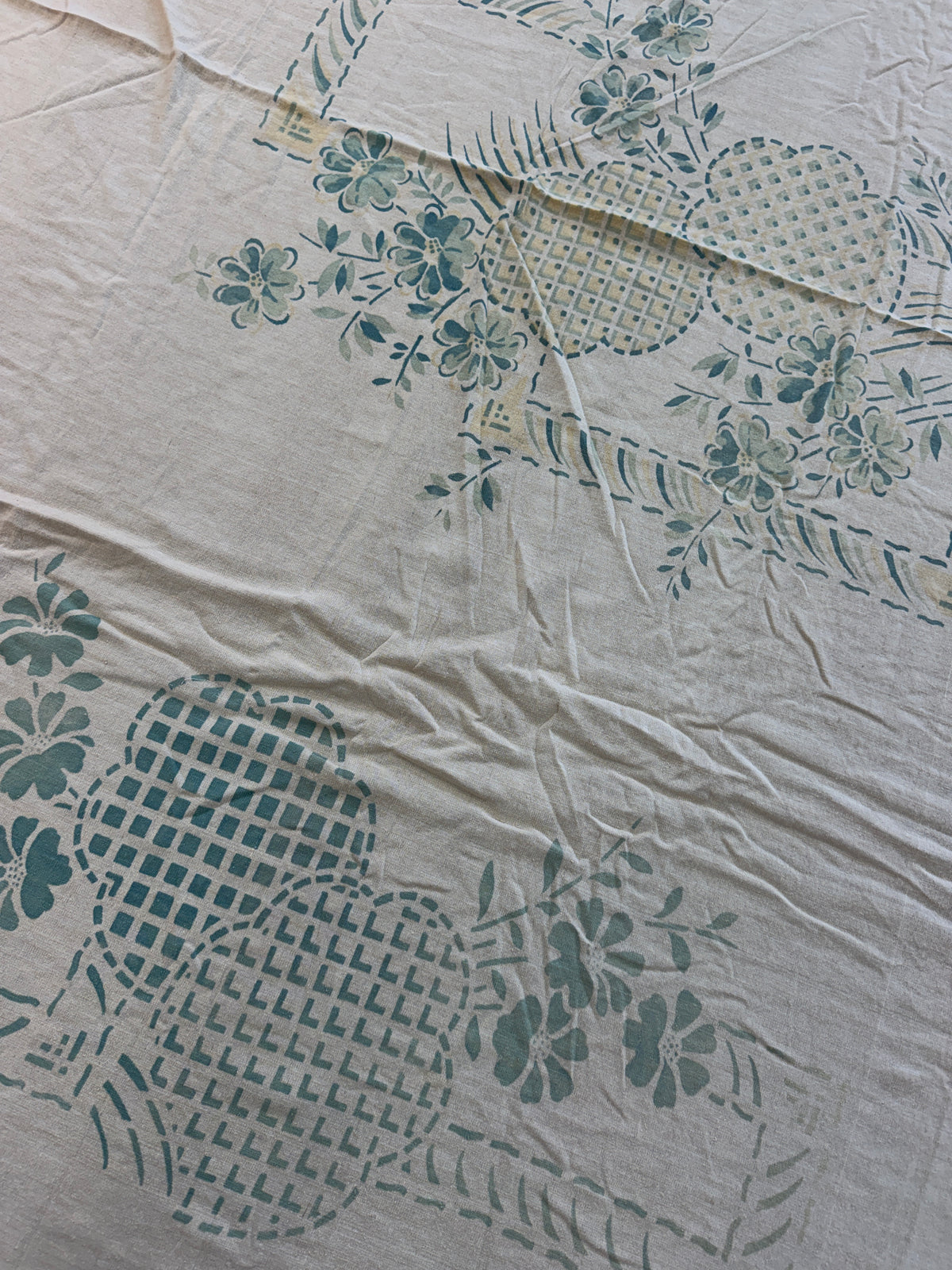 1940s - 1950s Vintage Indian Cotton Hand Block Printed Uncut Fabric Yardage - Cream / Robin's Egg Blue / Abstract Basket Florals - 80” x 96" (#9)
