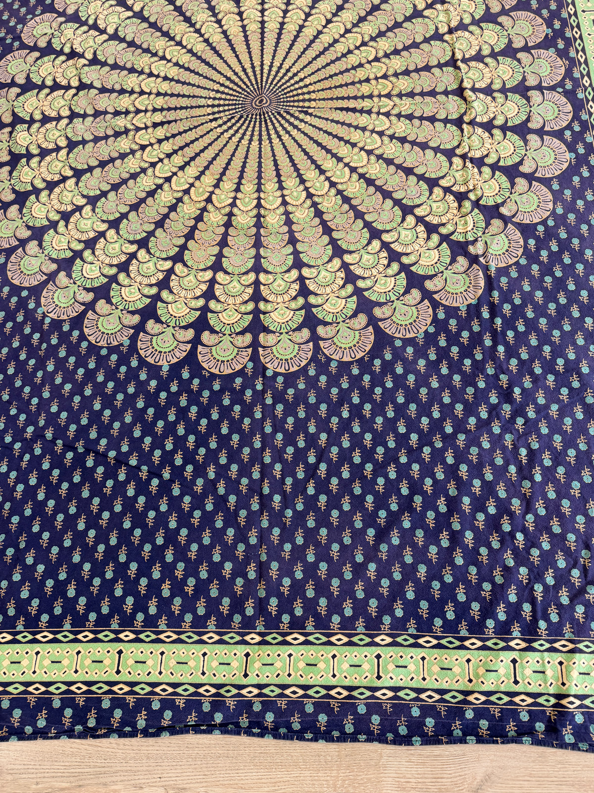 1980s Vintage Indian Cotton Hand Block Printed Uncut Fabric Yardage - Micro Floral / Mandala / Blue - 102" x 68" (#14)