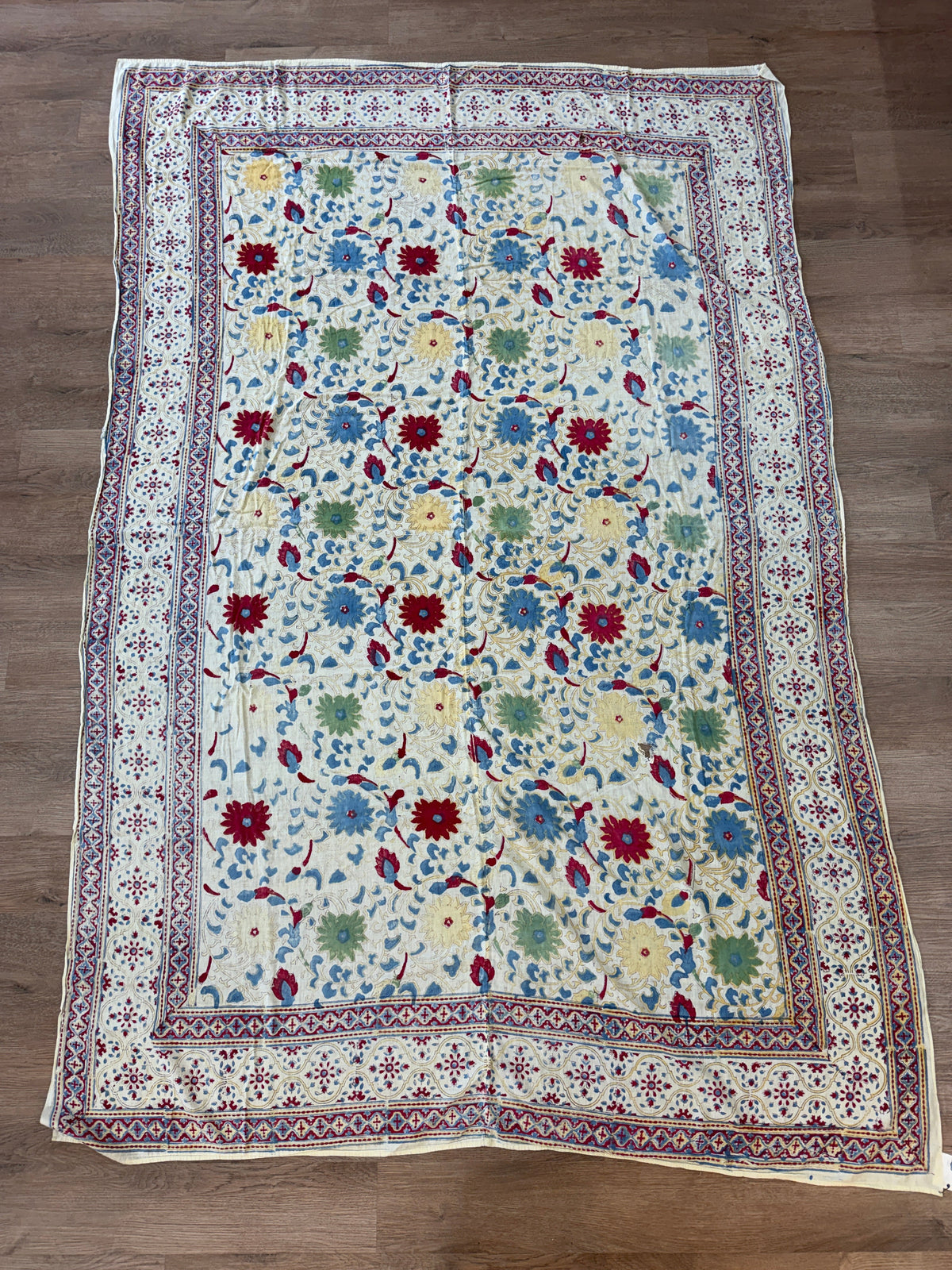 1970s Vintage Indian Cotton Hand Block Printed Uncut Fabric Yardage - Red / Cream / Blue / Green Large Blooms - 66" x 98" (#6)