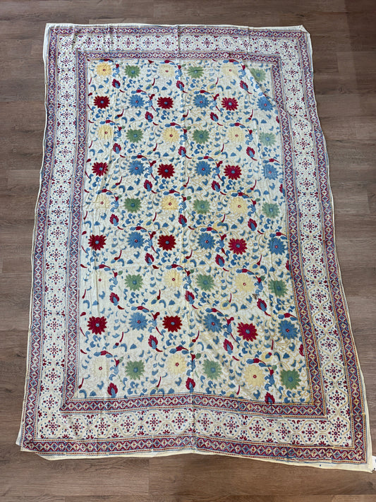 1970s Vintage Indian Cotton Hand Block Printed Uncut Fabric Yardage - Red / Cream / Blue / Green Large Blooms - 66" x 98" (#6)