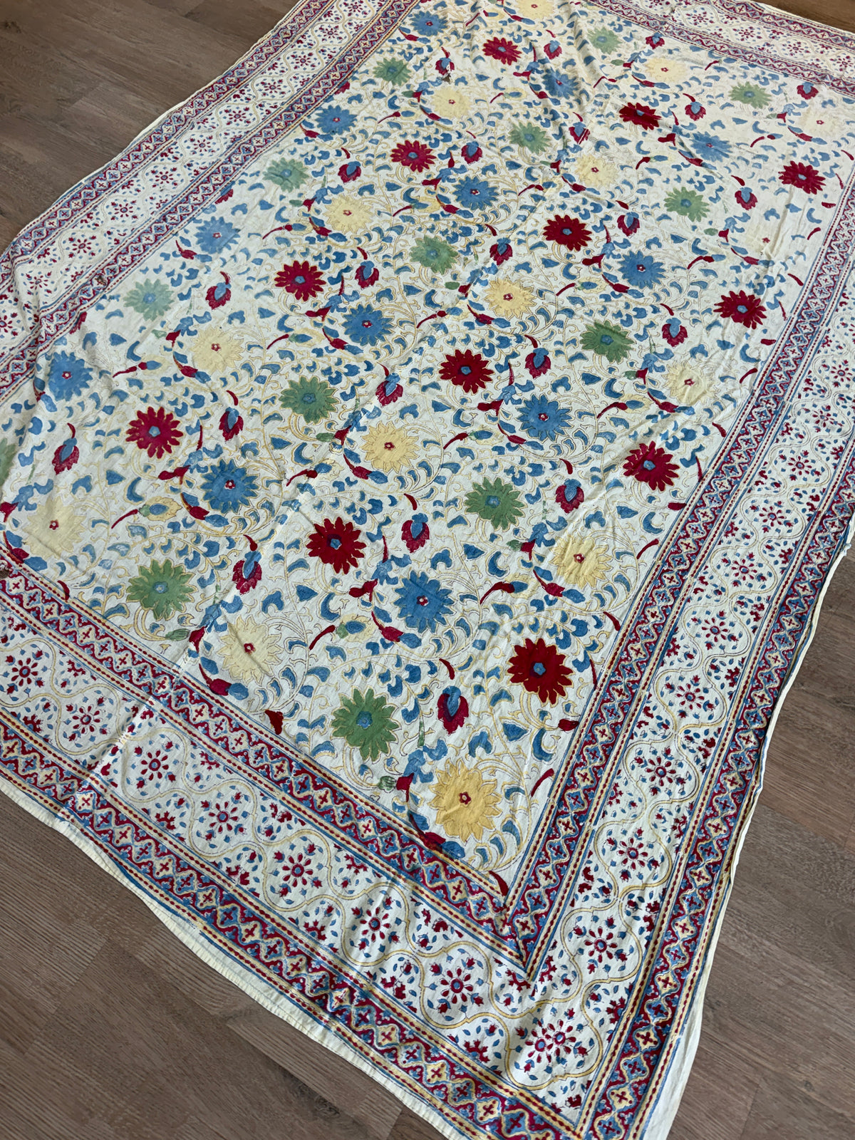 1970s Vintage Indian Cotton Hand Block Printed Uncut Fabric Yardage - Red / Cream / Blue / Green Large Blooms - 66" x 98" (#6)