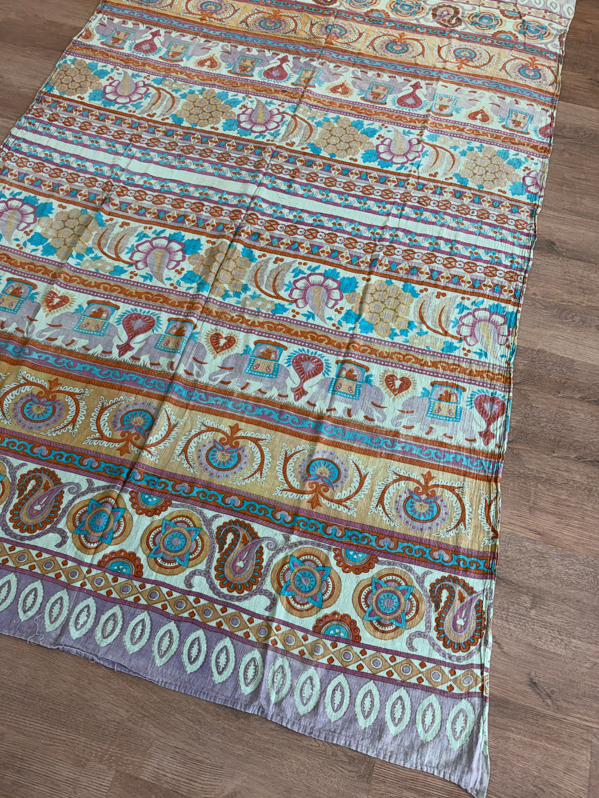 1970s Vintage Hand Block Printed Indian Cotton Fabric - Purple / Blue / Turquoise / Orange  - 62" x 92" (#7)