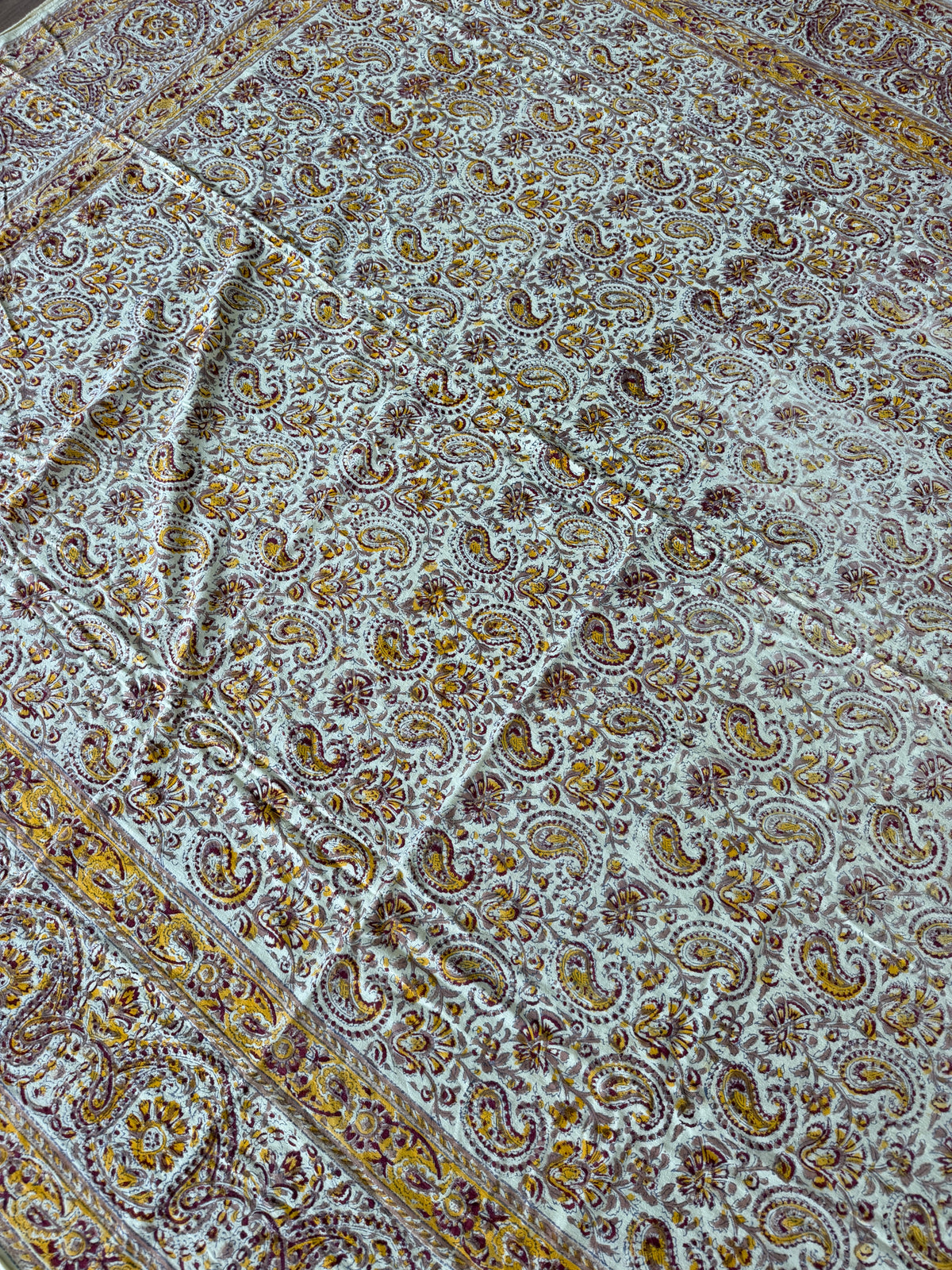 1970s Vintage Indian Cotton Hand Block Printed Uncut Fabric Yardage - Burgundy / Yellow / Paisley- 82" x 100" (#3)