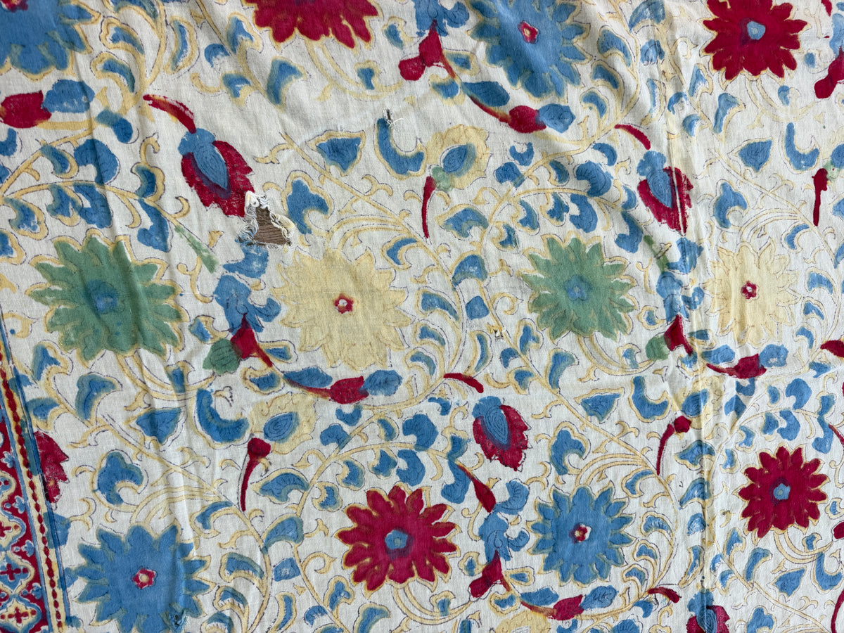 1970s Vintage Indian Cotton Hand Block Printed Uncut Fabric Yardage - Red / Cream / Blue / Green Large Blooms - 66" x 98" (#6)