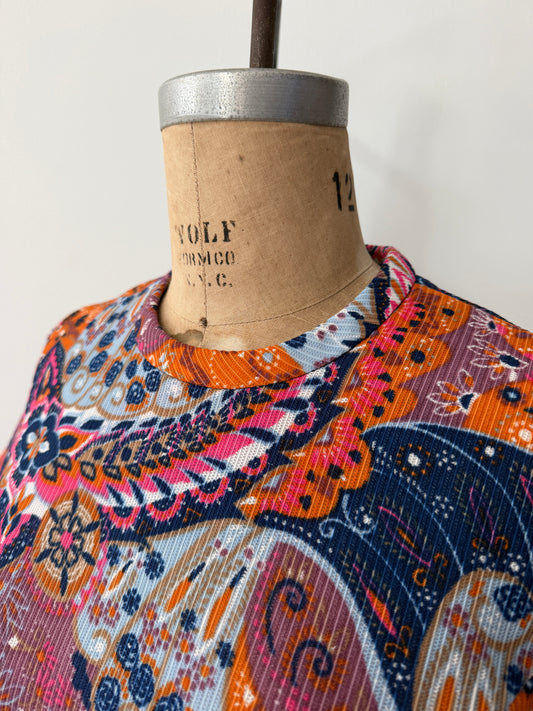 1970's Vintage Paisley Belted Shift Dress Made in USA by City Scene Plus VOLUP
