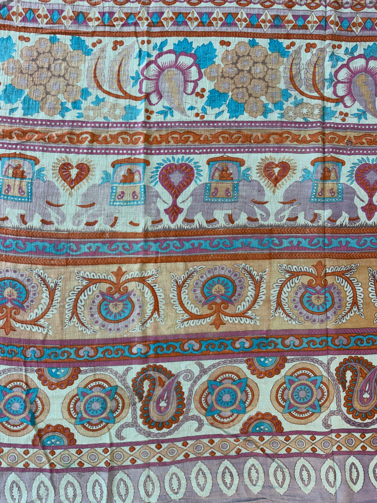 1970s Vintage Hand Block Printed Indian Cotton Fabric - Purple / Blue / Turquoise / Orange  - 62" x 92" (#7)
