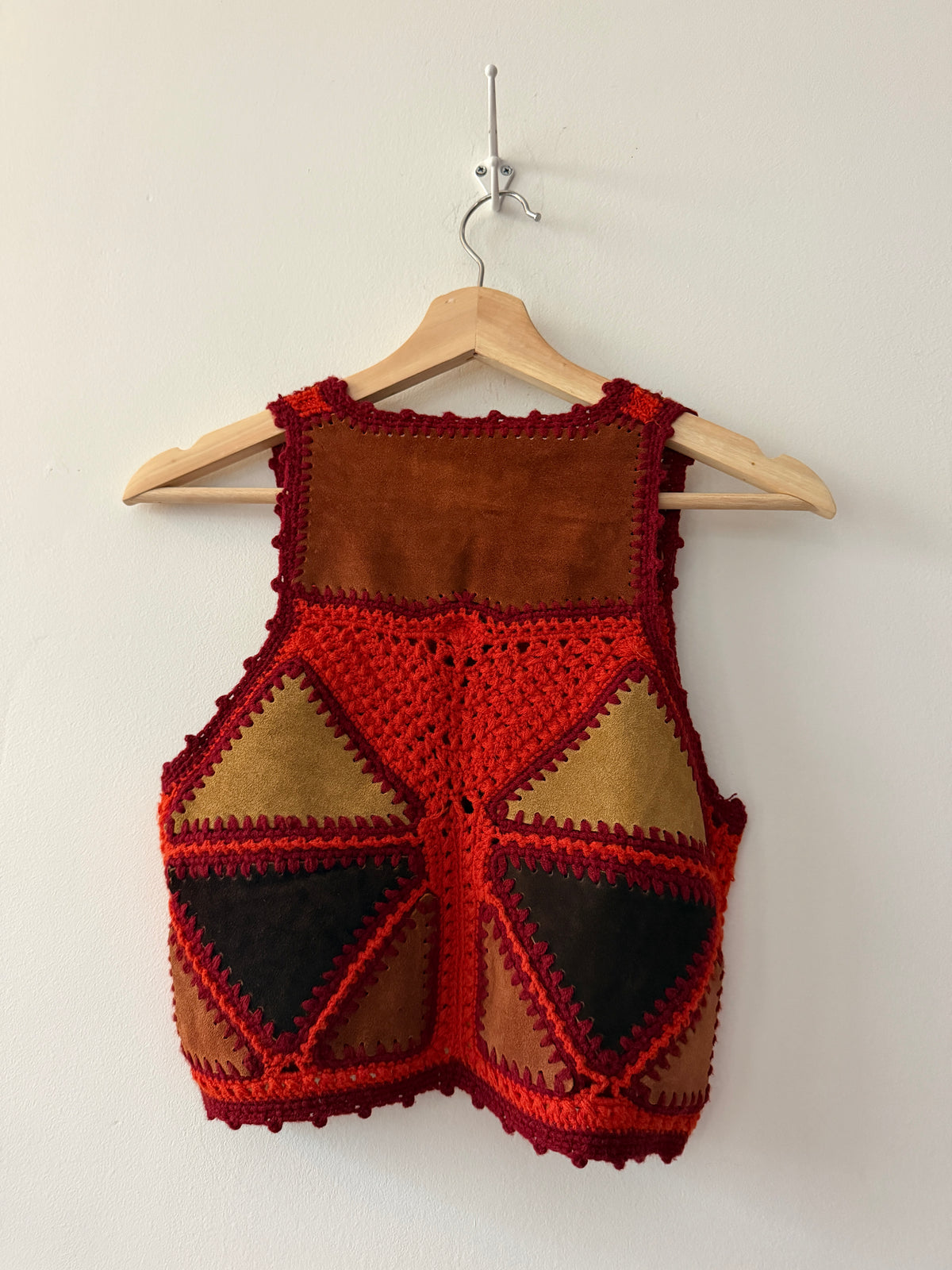 1970s Vintage Red and Orange Knitted Suede  Patchwork Vest