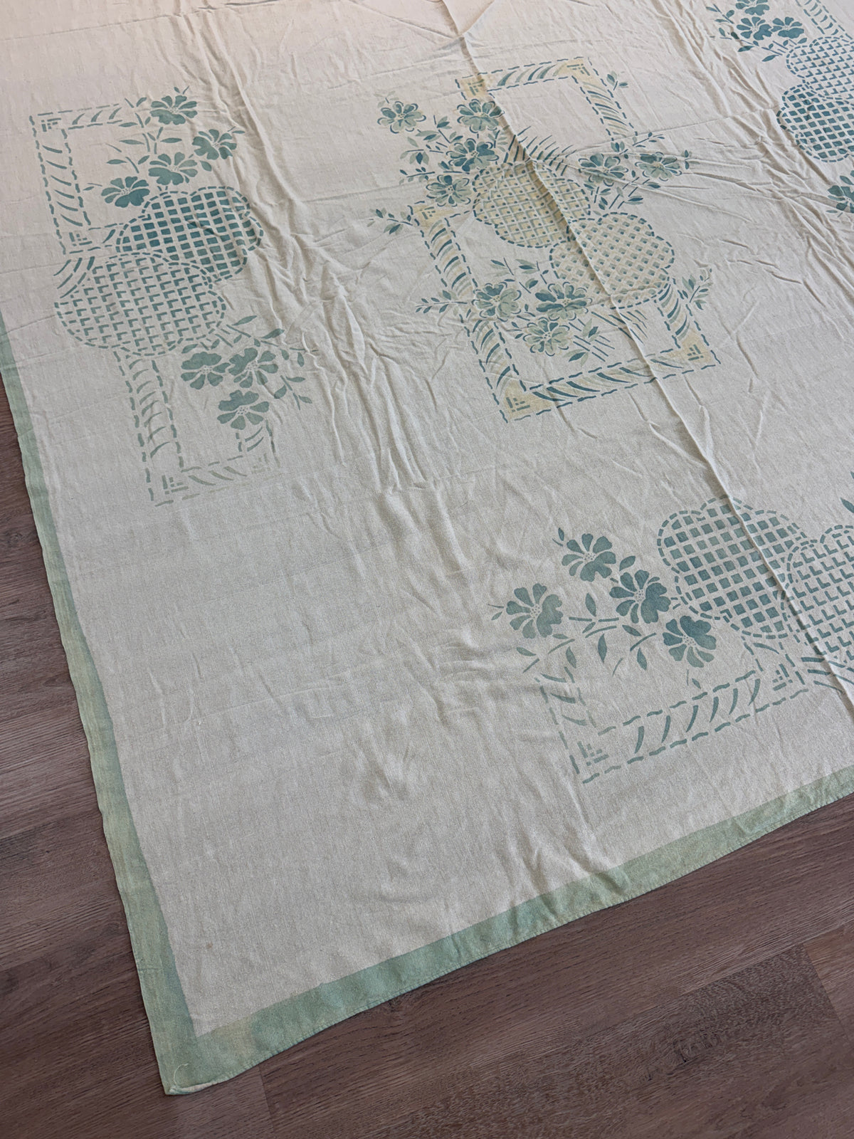 1940s - 1950s Vintage Indian Cotton Hand Block Printed Uncut Fabric Yardage - Cream / Robin's Egg Blue / Abstract Basket Florals - 80” x 96" (#9)