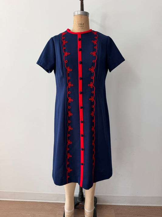 1970s Vintage Mod Navy w/ Red Scalloped Trim A-Line Dress