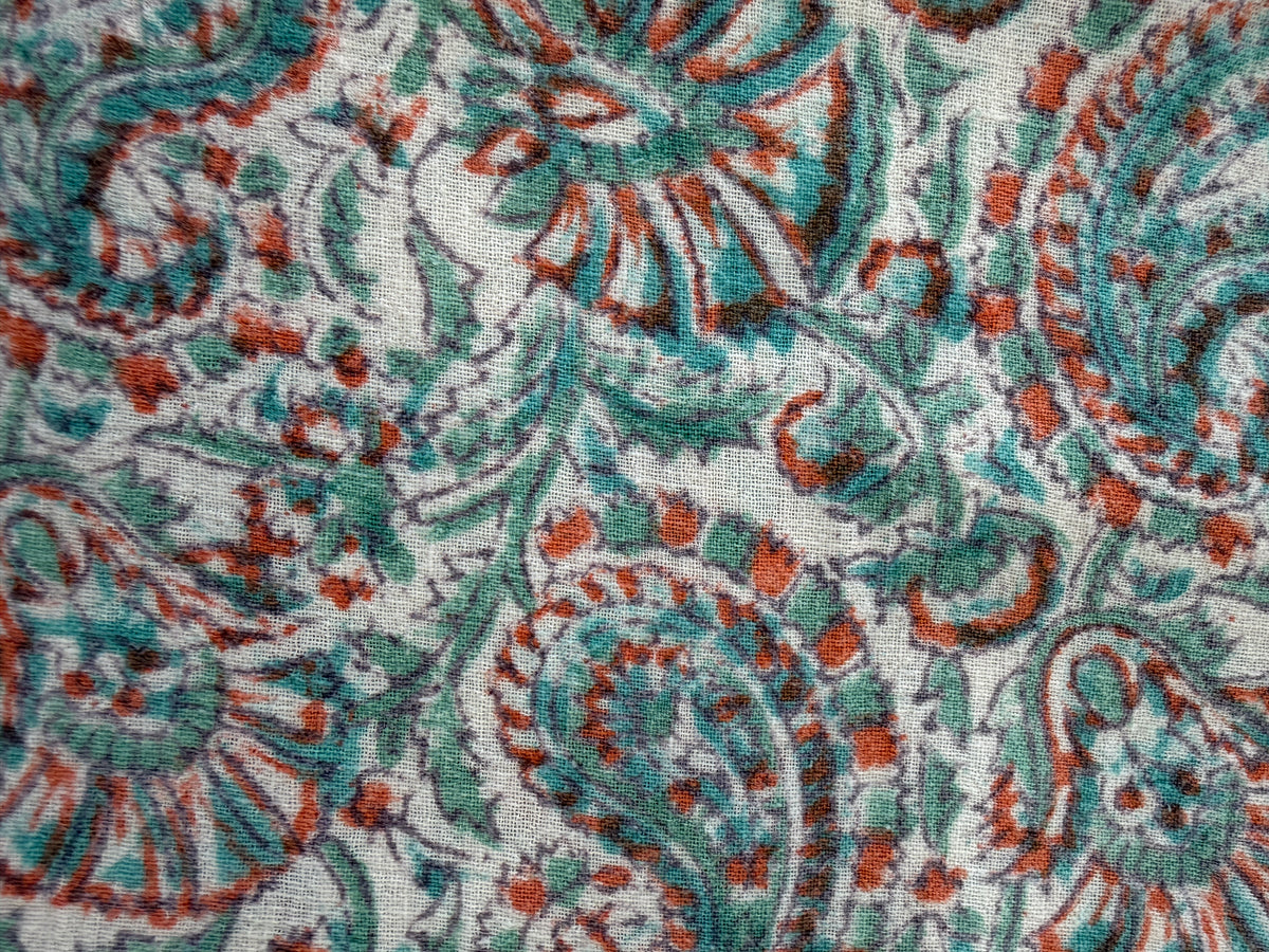 1970s Vintage Indian Cotton Hand Block Printed Uncut Fabric Yardage - Coral / Teal - 80" x 92" (#8)