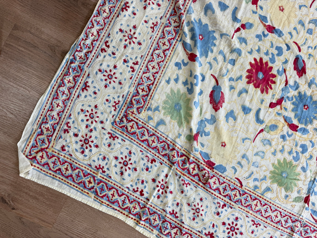 1970s Vintage Indian Cotton Hand Block Printed Uncut Fabric Yardage - Red / Cream / Blue / Green Large Blooms - 66" x 98" (#6)