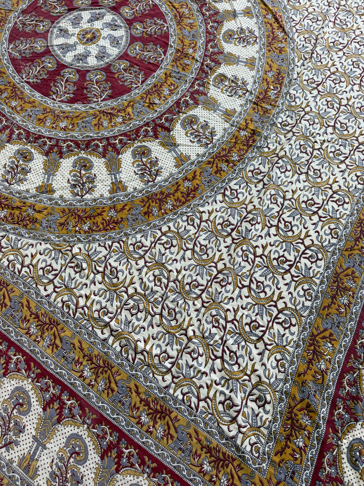 1970s Vintage Indian Cotton Hand Block Printed Uncut Fabric Yardage - Mustard / Gray / Elephants - 156" x 92" (#1)
