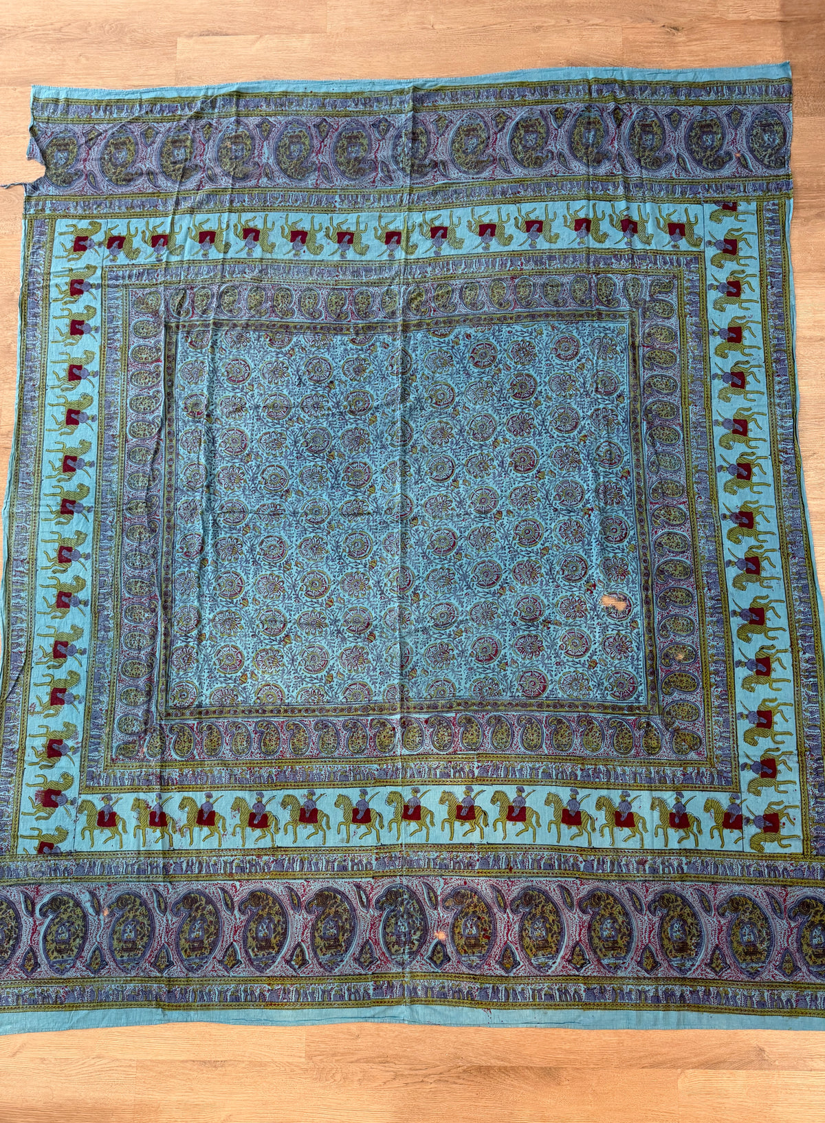 1970s Vintage Indian Cotton Hand Block Printed Uncut Fabric Yardage - Teal / Burgundy / Paisley / People / Horses Motifs -96" x 80" (#13)